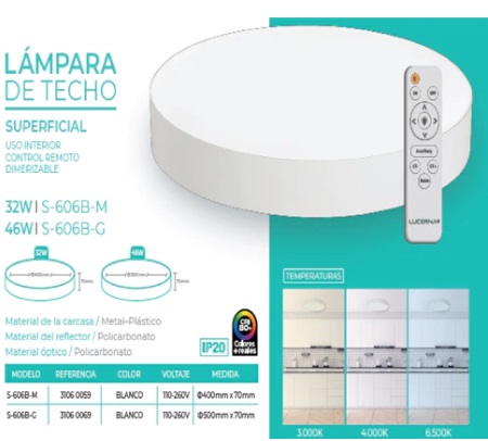 LAMPARA DE TECHO LED STYLE REDONDA 46W 50CM 110-260 V DIMER. C/CONTROL C/BLANCO REF.S-607B-G LUCERNA