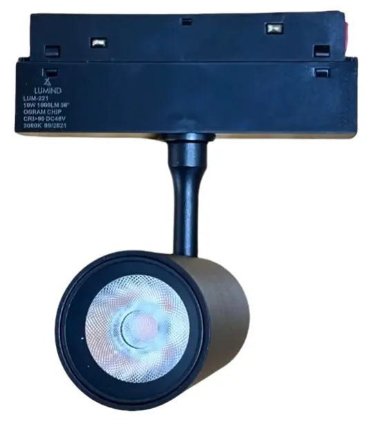 LAMPARA LED INTEGRADA TIPO BALA 10W 3000K 48V 1000LM NEGRO P/RIEL TRACK LIGHT MAGNETICO MARCA LUMIND