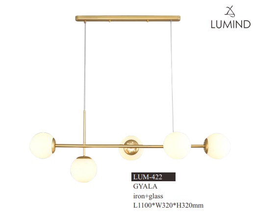 LAMPARA COLGANTE DECORATIVA G6 MOD. GYALA BASE DORADA ESFERAS BLANCAS REF.LUM-422 MARCA LUMIND