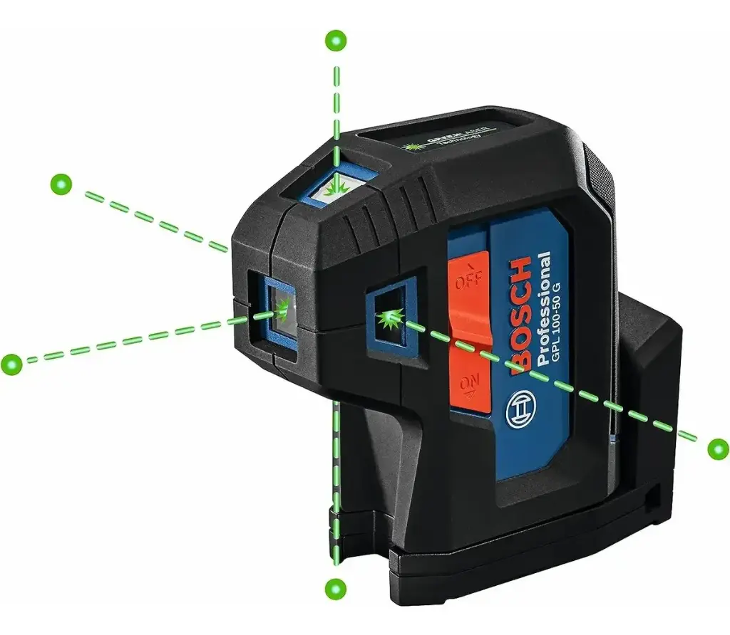 NIVEL LASER LUZ VERDE 5 PUNTOS SERIE HASTA 38 MTS PRECISION +-3.5 MM IP65 USA BATERIA AA REF. GPL100-50G BOSCH