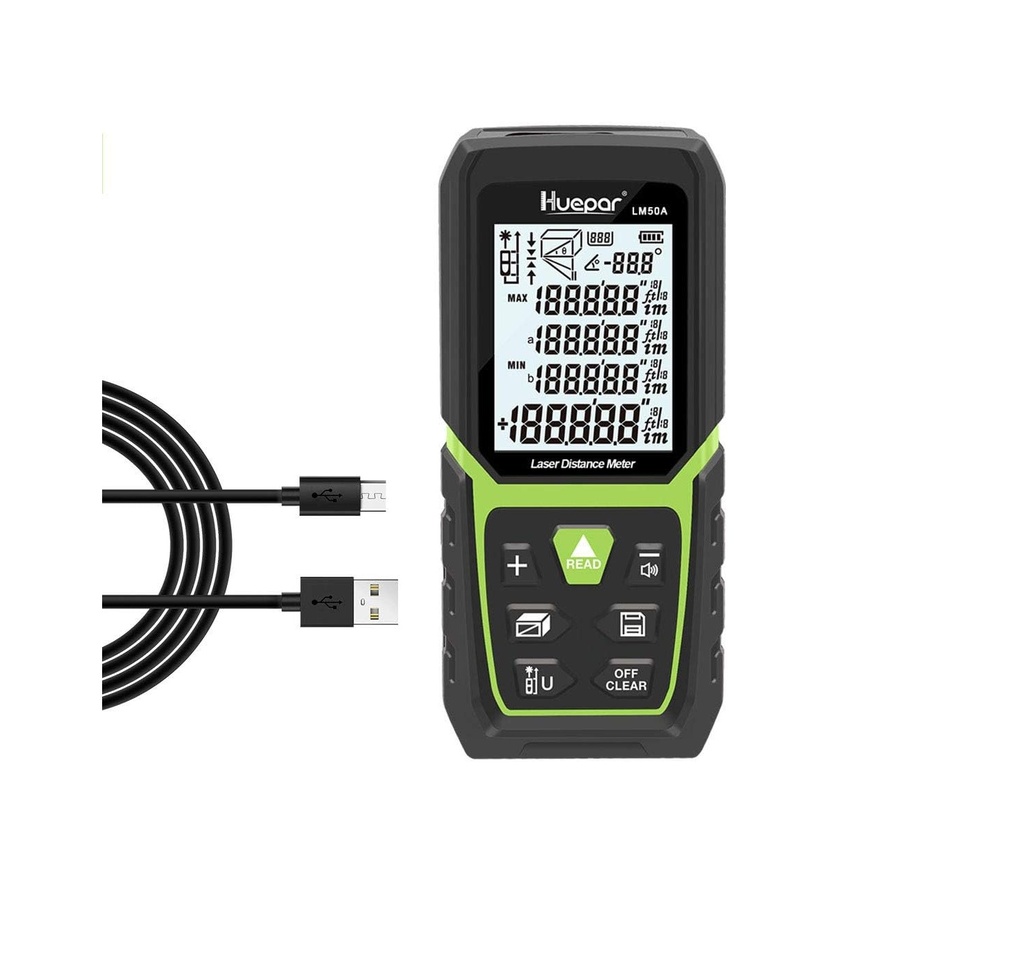 MEDIDOR / METRO LASER 165 FT / 50 MTS IP54 RECARGABLE C/CAB. USB + BOLSO C/ NEGRO USB REF. LM50A / X0026ZKG0H HUEPAR