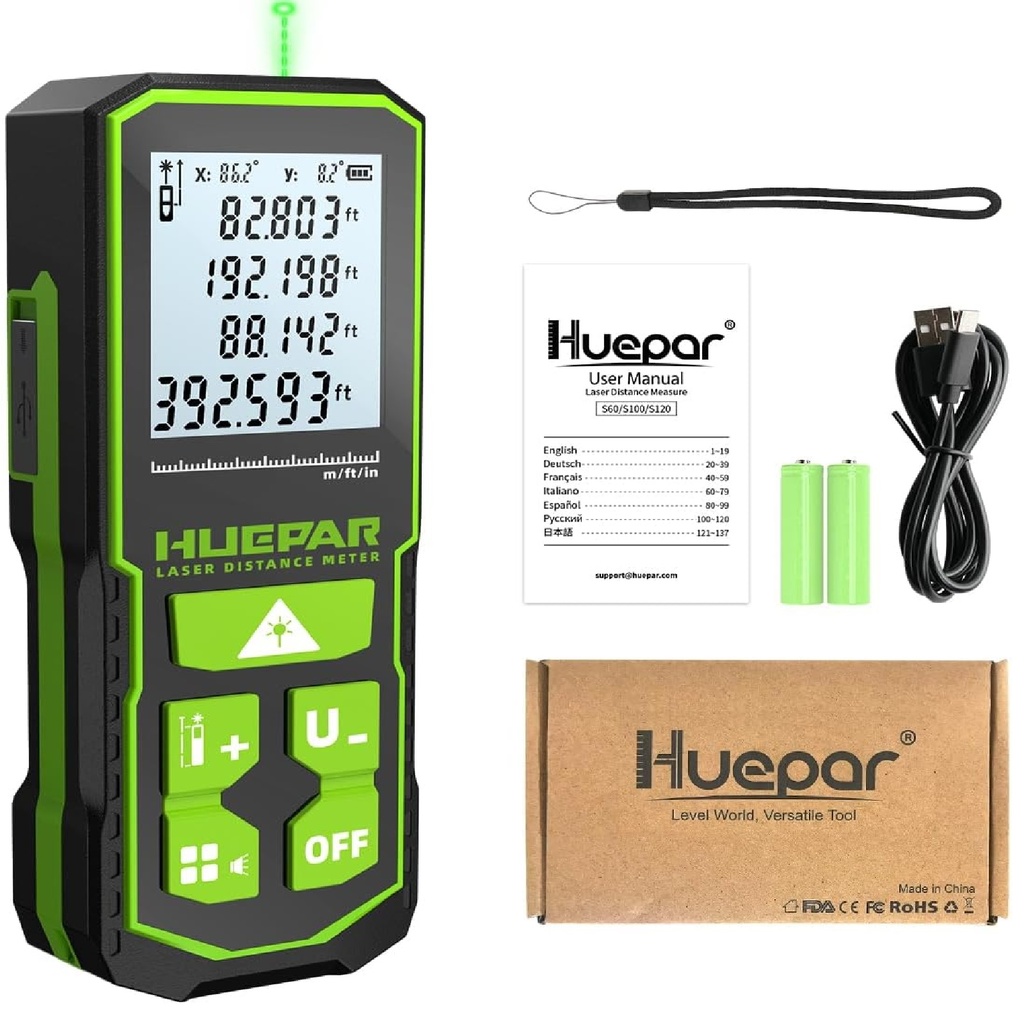 MEDIDOR / METRO LASER 393 LUZ VERDE FT / 120 MTS RECARGABLE USB REF. S120 / S120-G MARCA HUEPAR