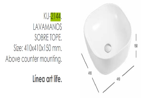 LAVAMANOS SOBRE TOPE CUADRADO 410 MM X 410 MM X 150 MM COLOR BLANCO REF. KU-2144 MARCA KUBO