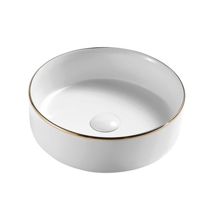 LAVAMANOS REDONDO DE SOBREPONER 35.5 CM X 12 CM BLANCO CON BORDE DORADO REF. KU-3134-GE MARCA KUBO