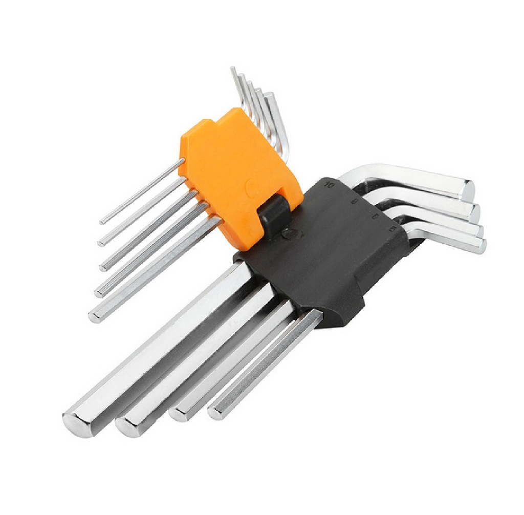 JUEGO DE LLAVES ALLEN BRAZO LARGO HEXAGONALES DE 9 PZAS CrV TRATADO TERMICO ACABADO CROM ADO MARCA T