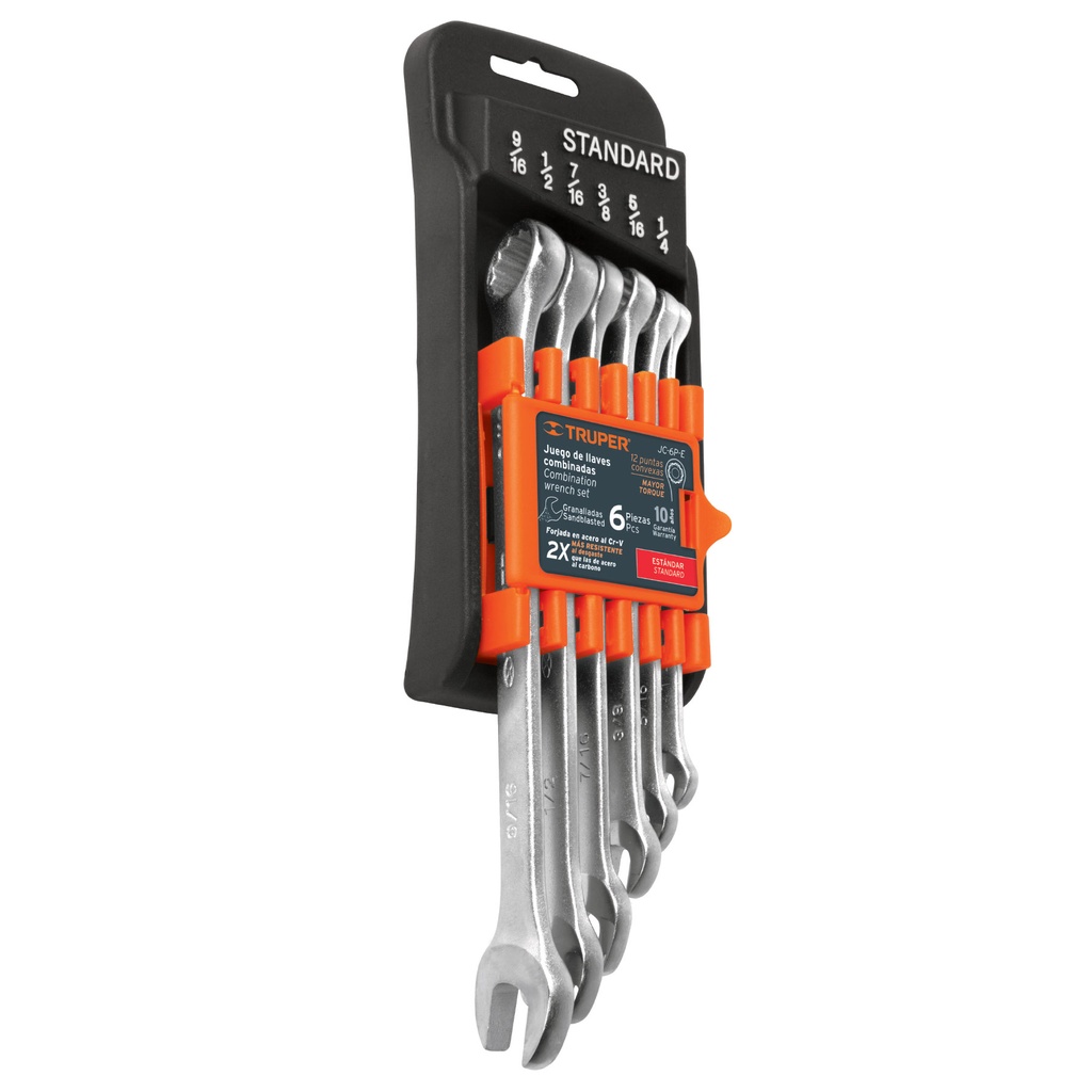 JUEGO DE LLAVE COMBINADA GRANALLADA 1/4" - 9/16" 6 PZAS MOD. JC-6P-E REF. 15773 MARCA TRUPER