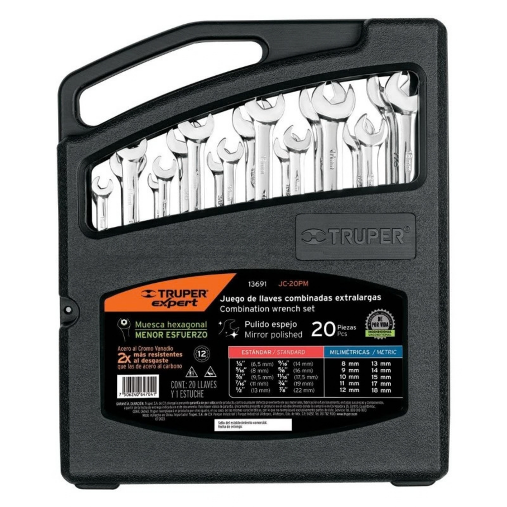 JUEGO DE LLAVE COMBINADA 20 PZAS "STD-MM" PULIDAS EXTRA LARGAS MOD. JC-20PM REF-13691 MARCA TRUPER