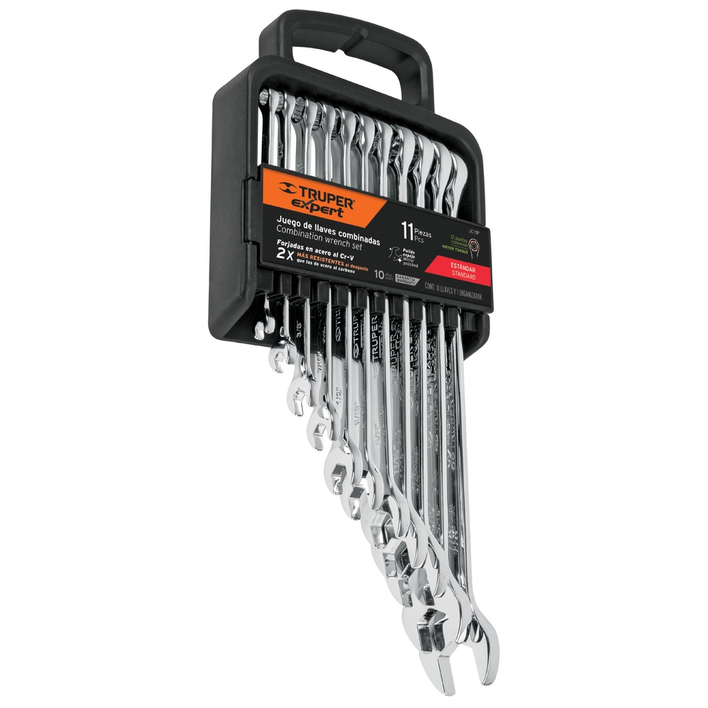 JUEGO DE LLAVE COMBINADA 11 PZAS EXTRALARGAS 1/4" - 7/8" PULIDAS REF. 15780 MARCA TRUPER