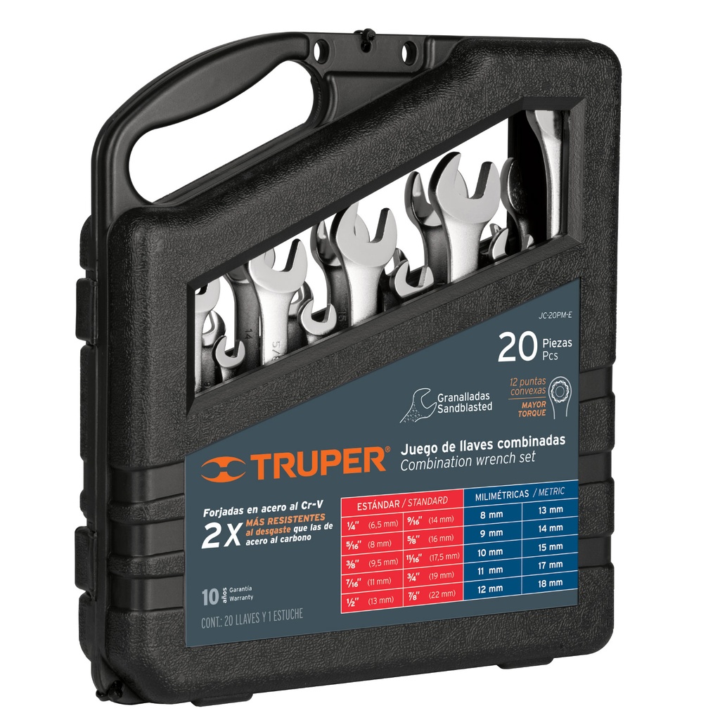 JUEGO DE LLAVE COMBINADA GRANALLADA 20 PZAS "STD-MM" MOD. JC-20PM-E REF-15798 MARCA TRUPER