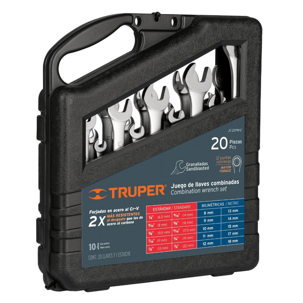 JUEGO DE LLAVE COMBINADA GRANALLADA 20 PZAS "STD-MM" MOD. JC-20PM-E REF-15798 MARCA TRUPER