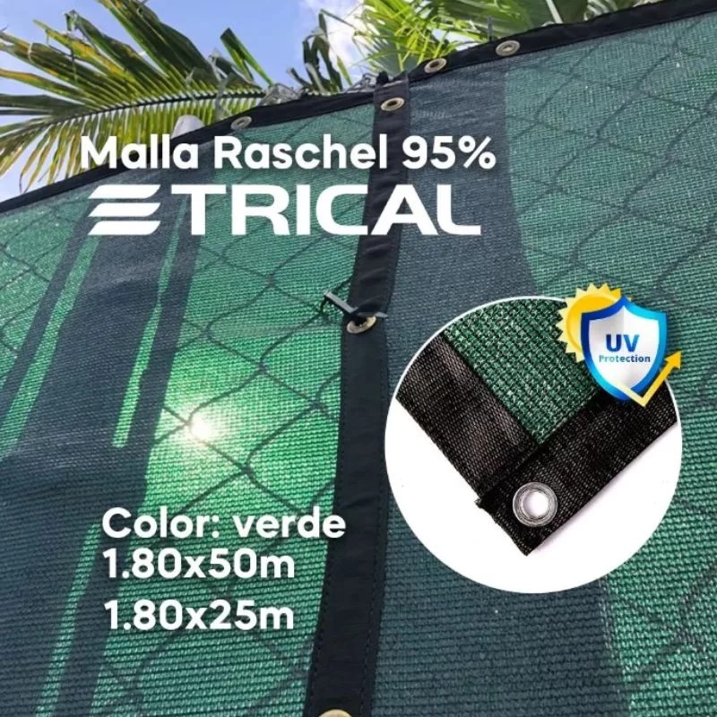 MALLA SOMBRA RASCHEL PLASTICA 95% 1.80 MTR X 50 MTR (ROLLO) COLOR VERDE NEGRO CON OJETE MARCA TRICAL