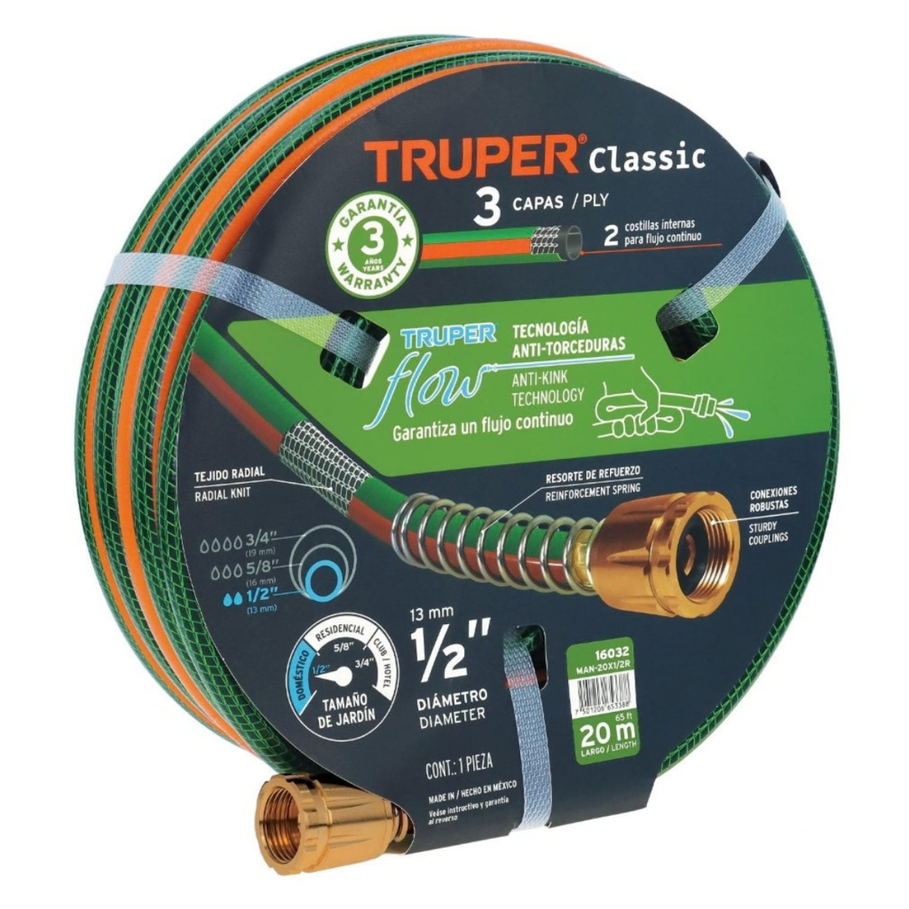 MANGUERA CULEBRA 1/2" X 20 MTS REFORZADA 3 CAPAS C/CONEXIONES METALICAS REF. 16032 MARCA TRUPER