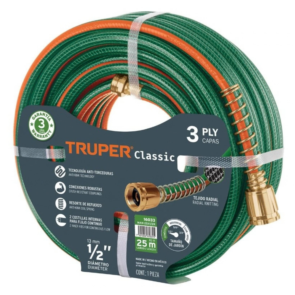 MANGUERA CULEBRA 1/2" X 25 MTS REFORZADA 3 CAPAS C/CONEXIONES METALICAS REF. 16033 MARCA TRUPER