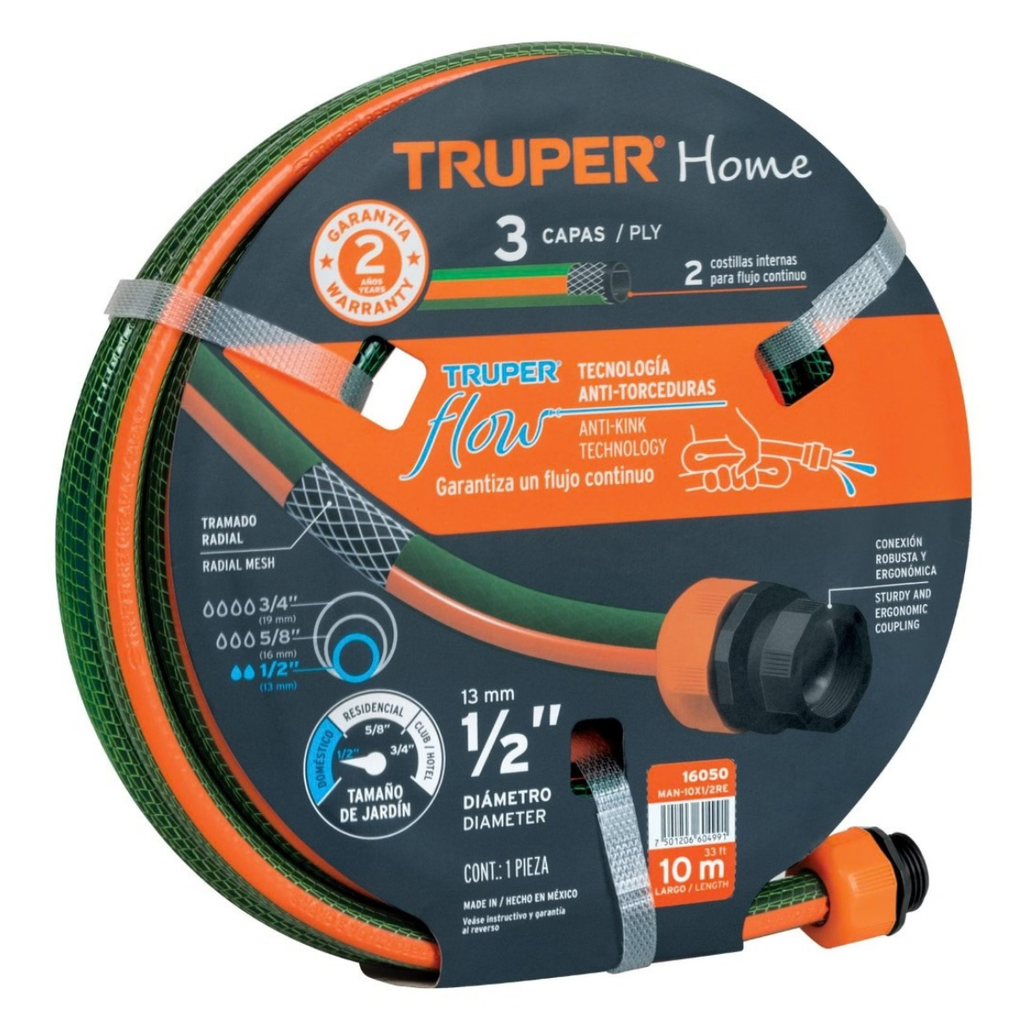 MANGUERA CULEBRA 1/2" X 10 MTS REFORZADA 3 CAPAS C/CONEXIONES PLASTICAS REF. 16050 MARCA TRUPER
