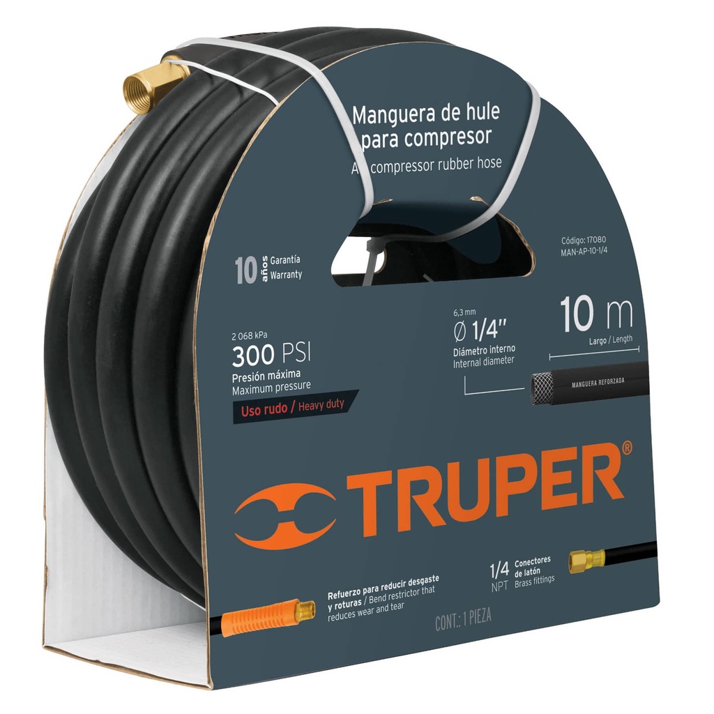 MANGUERA NEUMATICA DE HULE DE 1/4" X 10MTS PARA COMPRESOR CON CONECTOR DE 1/4" DE MARCA TRUPER