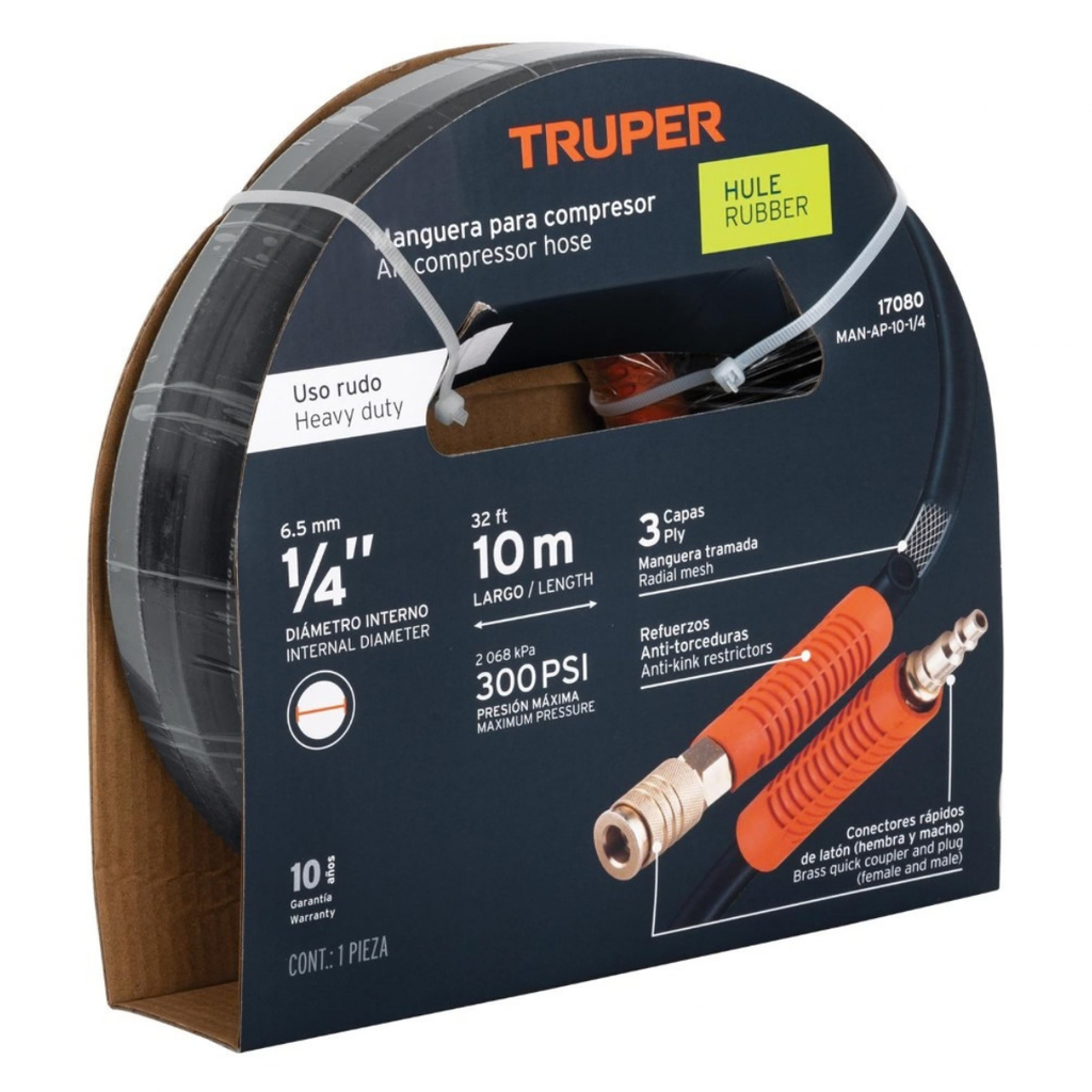 MANGUERA NEUMATICA DE HULE DE 1/4" X 10MTS PARA COMPRESOR CON CONECTOR DE 1/4" DE MARCA TRUPER