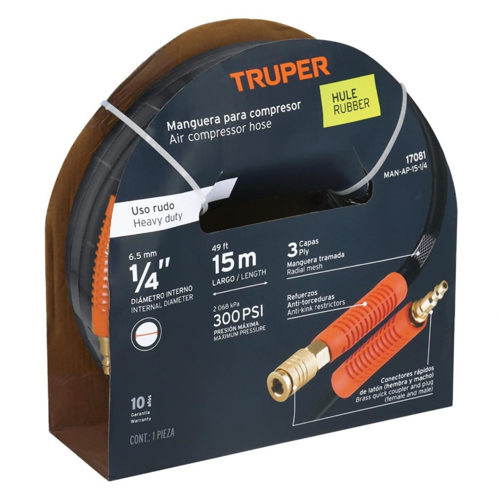 MANGUERA NEUMATICA DE 1/4" X 15MTS PARA COMPRESOR CON CONECTOR DE 1/4" DE MARCA TRUPER
