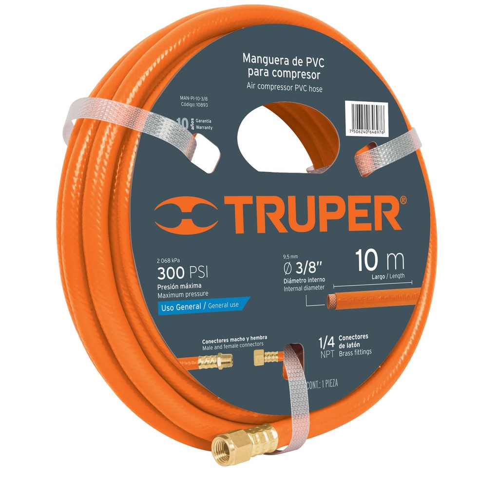 MANGUERA NEUMATICA DE 1/4" X 10 MTS C / CONEXIONES DE 1/4" NPT PARA 300PSI REF. 19014 MARCA TRUPER