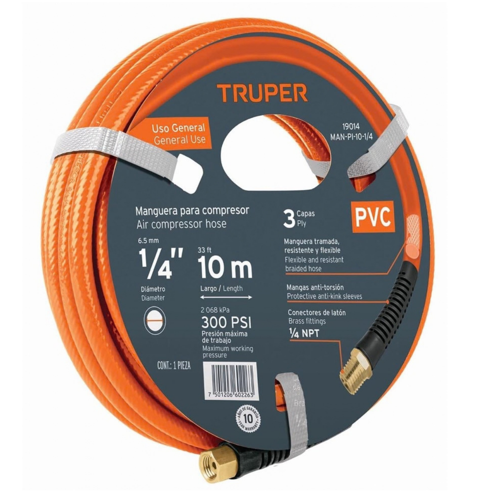 MANGUERA NEUMATICA DE 1/4" X 10 MTS C / CONEXIONES DE 1/4" NPT PARA 300PSI REF. 19014 MARCA TRUPER