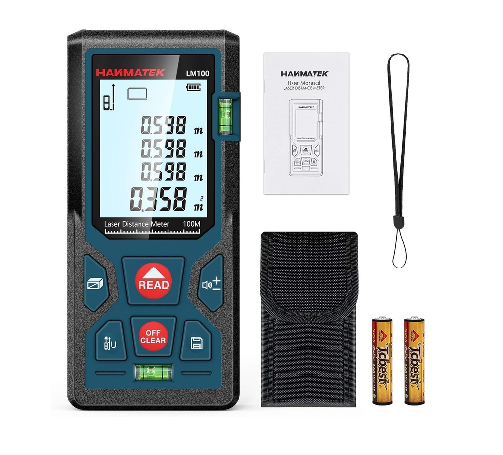 MEDIDOR / METRO LASER LUZ ROJA DE 100 MTS DE DISTANCIA IP54 C/ESTUCHE + 2 PILAS AAA REF. LM100 MARCA HANMATEK