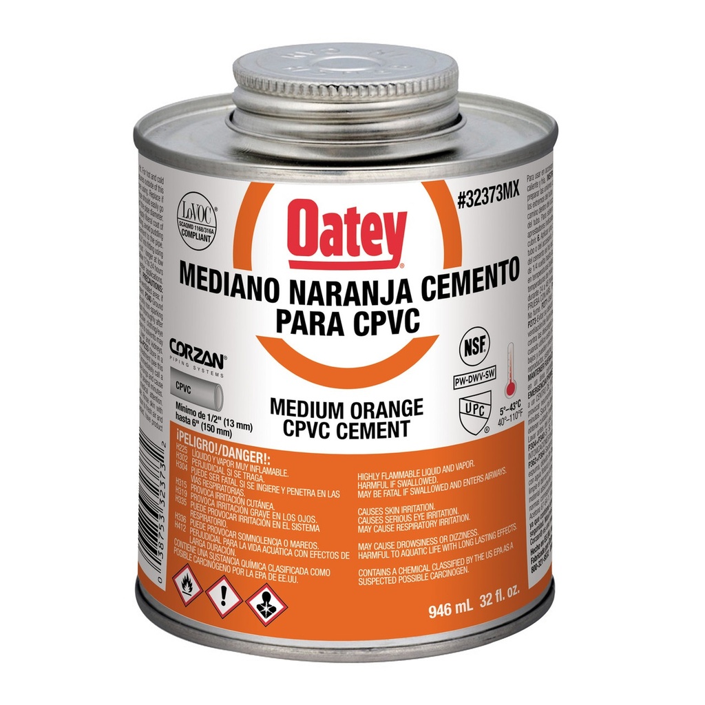 SOLDADURA / PEGA CEMENTO MEDIANO NARANJA DE CPVC 1/8 GL 473 ML ( AGUA CALIENTE ) REF. 311302 MARCA OATEY