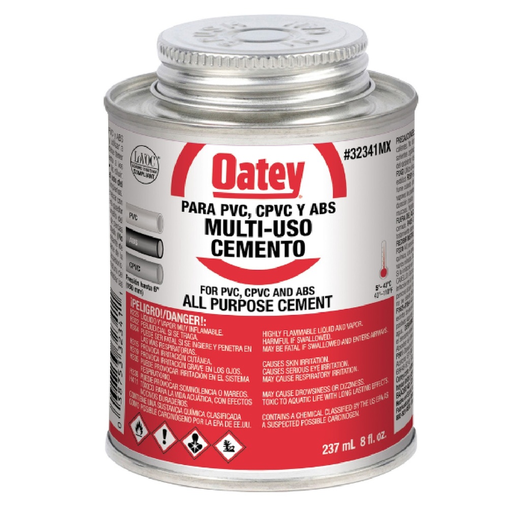 SOLDADURA / PEGA CEMENTO ROJO MULTI-USO PVC-CPVC-ABS 1/16 GL 237 ML REF. 308210 ( AGUA CALIENTE ) MARCA OATEY