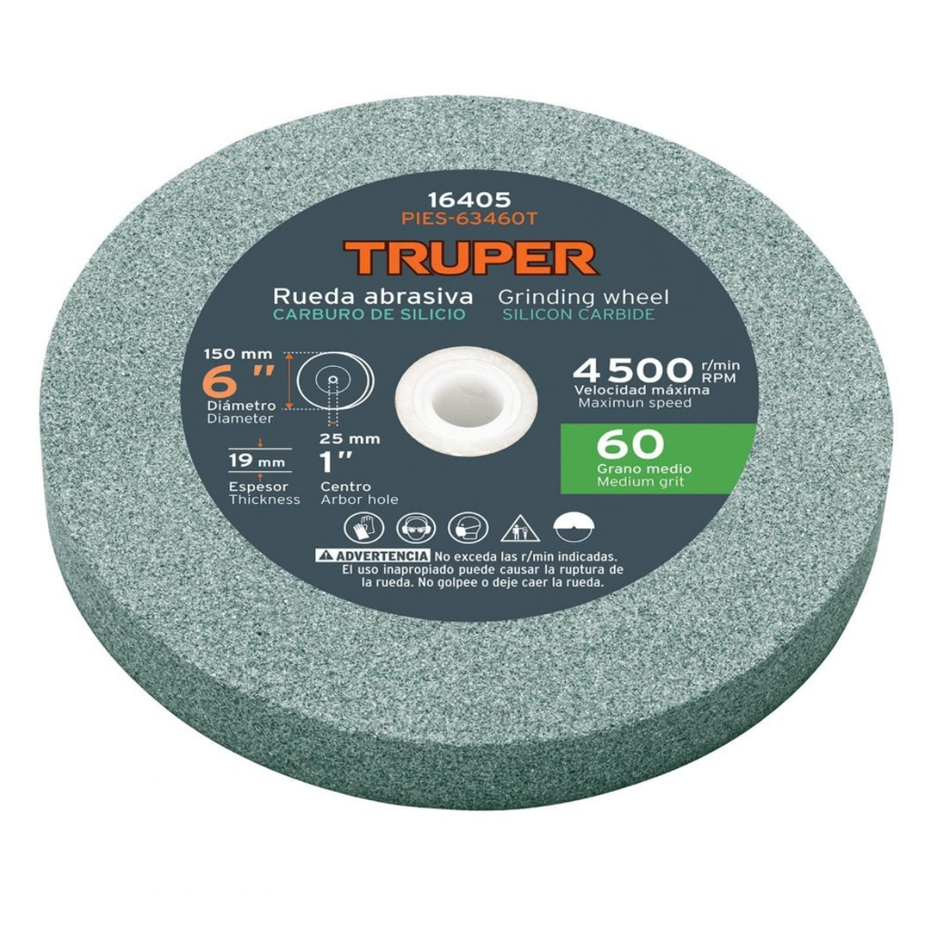PIEDRA P/ESMERIL DE CARBURO DE SILICIO 6" GRANO 60 A60-6X3/4"X1" MOD-PIES-63460T REF.16405 TRUPER
