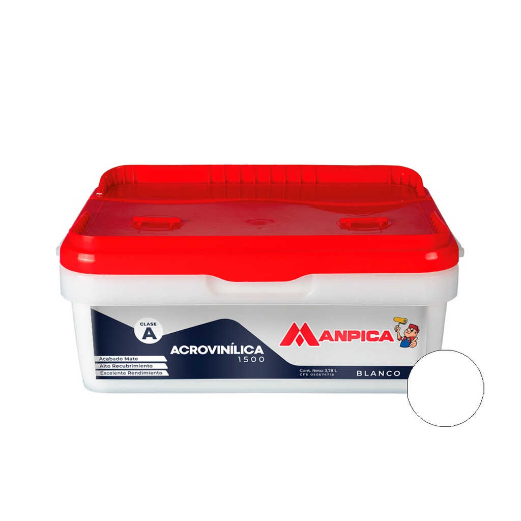 PINTURA DE ACROVINILICA CLASE A COLOR BLANCO ENVASE CUBO 1 GL REF. CCA-100-11 / 802967 MARCA MANPICA