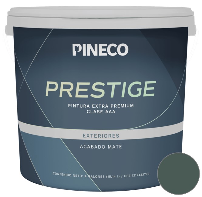 PINTURA DE CAUCHO MATE PRESTIGE EXTERIOR CLASE A 01 GL COLOR VERDE VELUGA REF.PRS460 MARCA PINECO