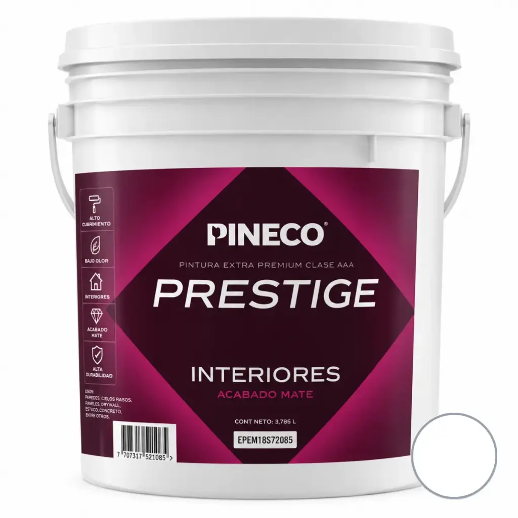 PINTURA DE CAUCHO MATE PRESTIGE INT. CLASE A 04 GL (PAILA) COLOR BLANCO ASSOLUTO REF.PRS4601A1P MARCA PINECO