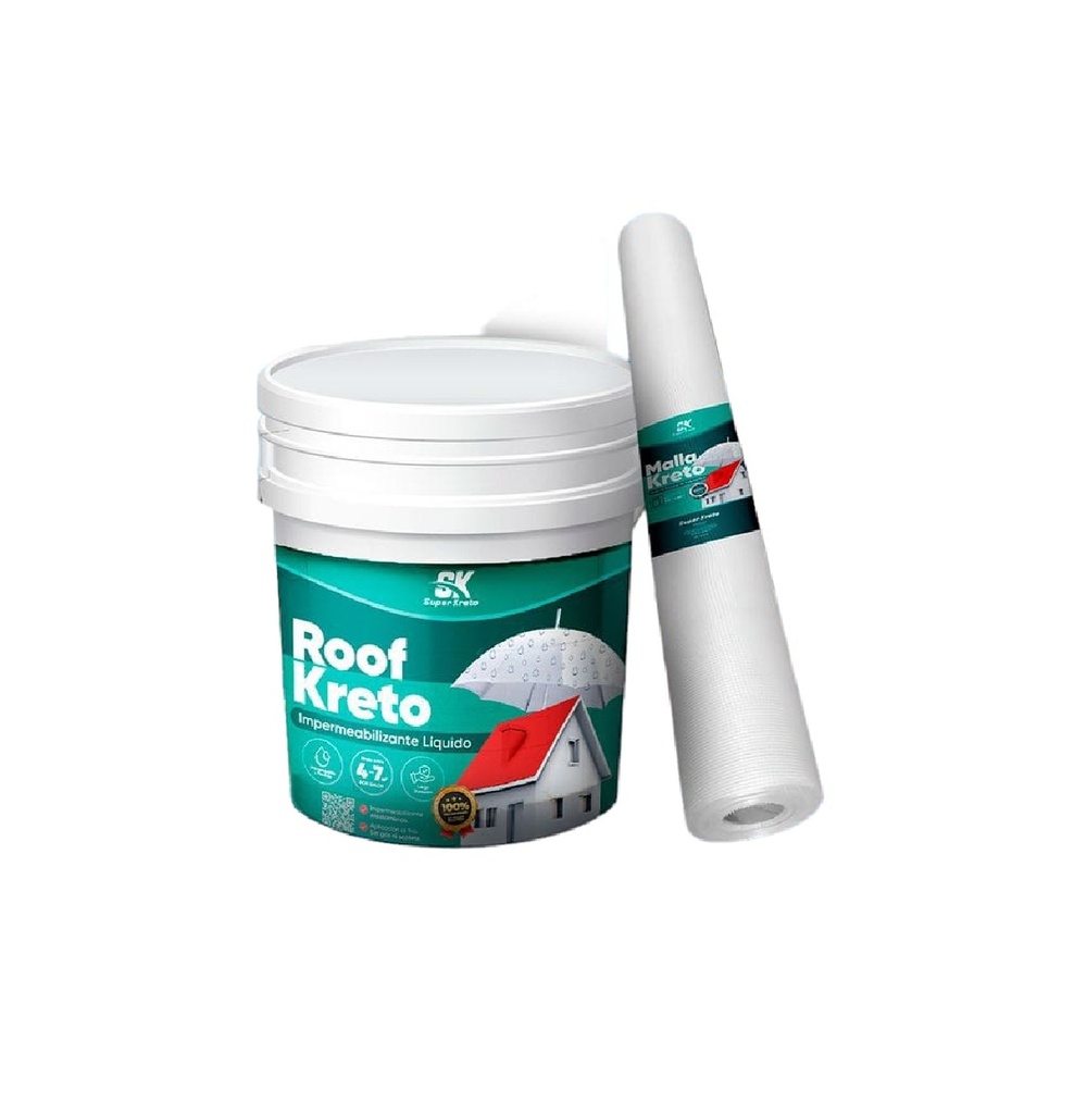 PINTURA ROOF KRETO IMPERMEABILIZANTE ELASTOMERICO CUÑETE 5G + MALLA 30M2 VERDE MARCA SUPER KRETO