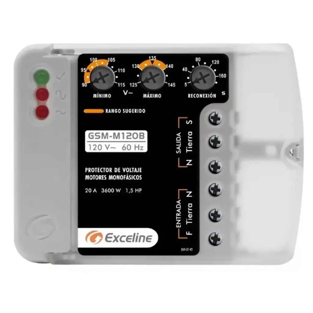 PROTECTOR DE VOLTAJE PARA MOTORES MONOFASICOS 120 VAC REF. GSM-M120B/3 / 003792 MARCA EXCELINE
