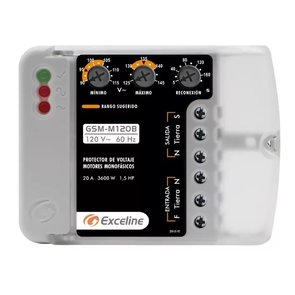 PROTECTOR DE VOLTAJE PARA MOTORES MONOFASICOS 120 VAC REF. GSM-M120B/3 / 003792 MARCA EXCELINE