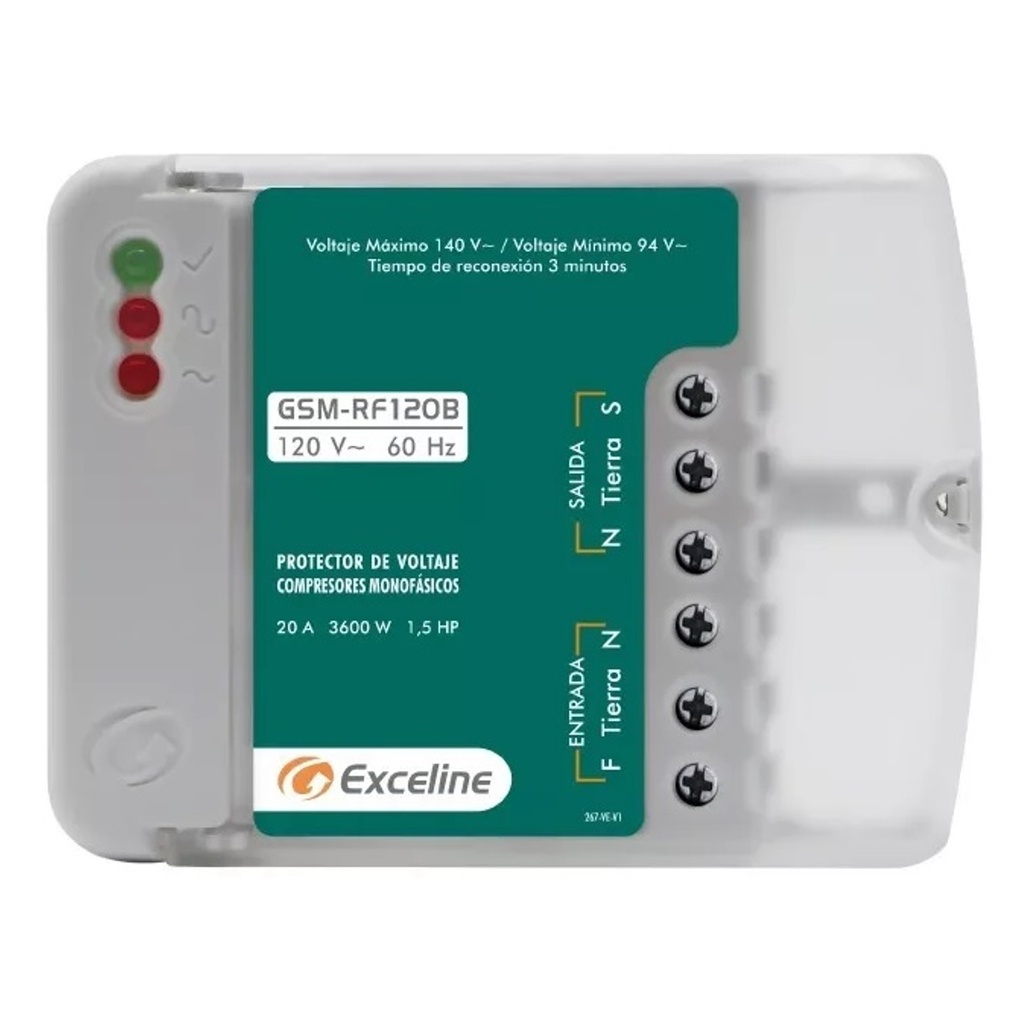 PROTECTOR DE VOLTAJE PARA COMPRESORES MONOFASICOS MIN 94MAX 140 V REF.GSM-RF120B/3 / 000920 EXCELINE
