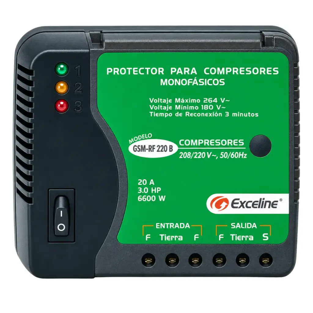 PROTECTOR DE VOLTAJE PARA COMPRESORES MONOFASICOS 220V REF. GSM- RF220B/3 / 003785 EXCELINE