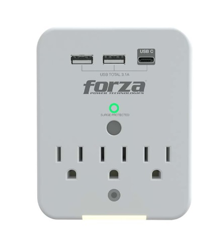 PROTECTOR C/ SOBRETENSIONES DE PARED 110 V 1875 W 3 TOMAS + 3PTOS USB 60 HZ REF. 109308 MARCA FORZA