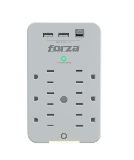 PROTECTOR C/ SOBRETENSIONES DE PARED 110 V 1875 W 6 TOMAS + 3PTOS USB 60 HZ REF. 109315 MARCA FORZA