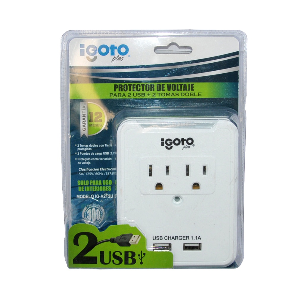 PROTECTOR DE VOLTAJE MULTIP. 2 TOMAS + USB REF. IG-A2T2U MARCA IGOTO