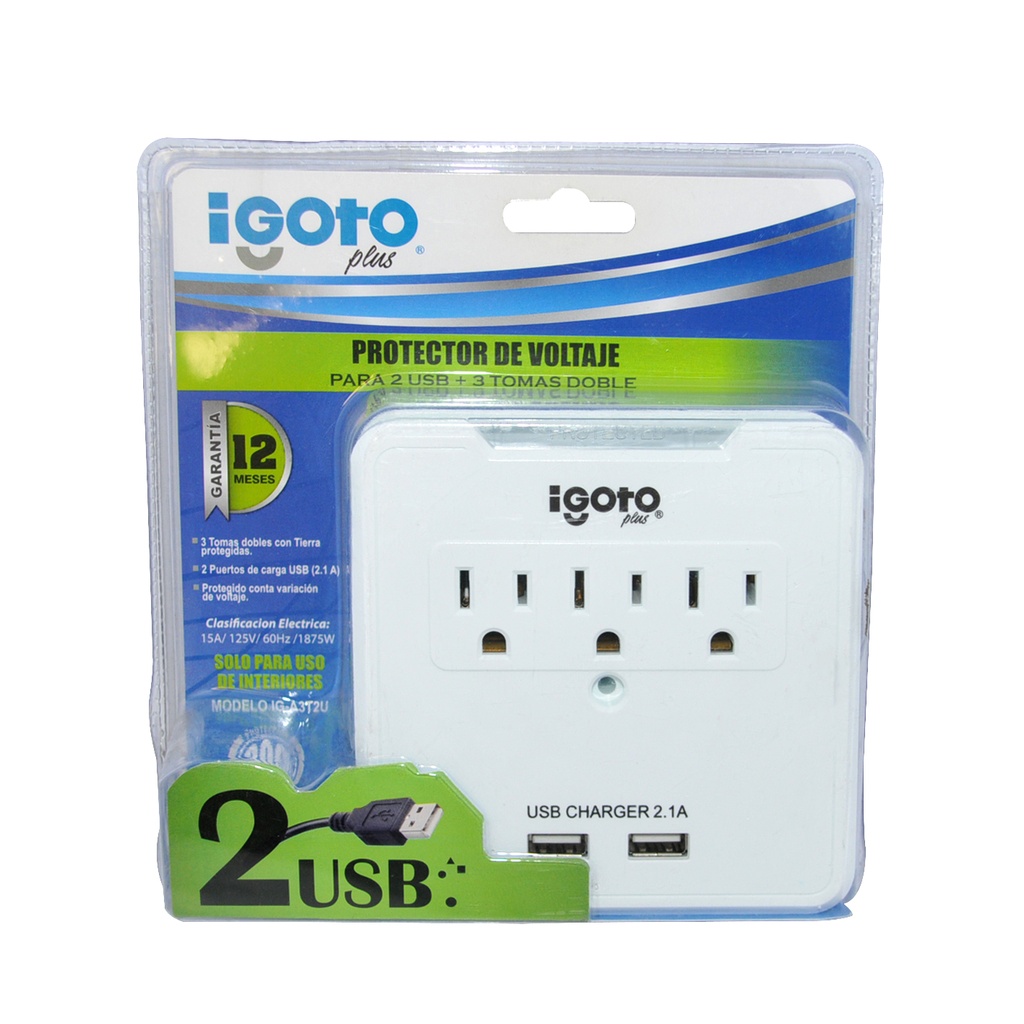 PROTECTOR DE VOLTAJE MULTP. 3 TOMAS + 2 USB REF. IG-A3T2U MARCA IGOTO