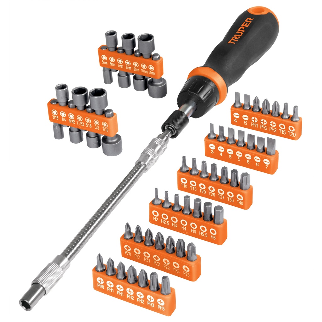 JUEGO DE PUNTAS DESTORNILLADOR C/RATCH + EXTENSION 42 PUNTAS Y 14 DADOS MOD-JDM-58 REF. 18220 TRUPER
