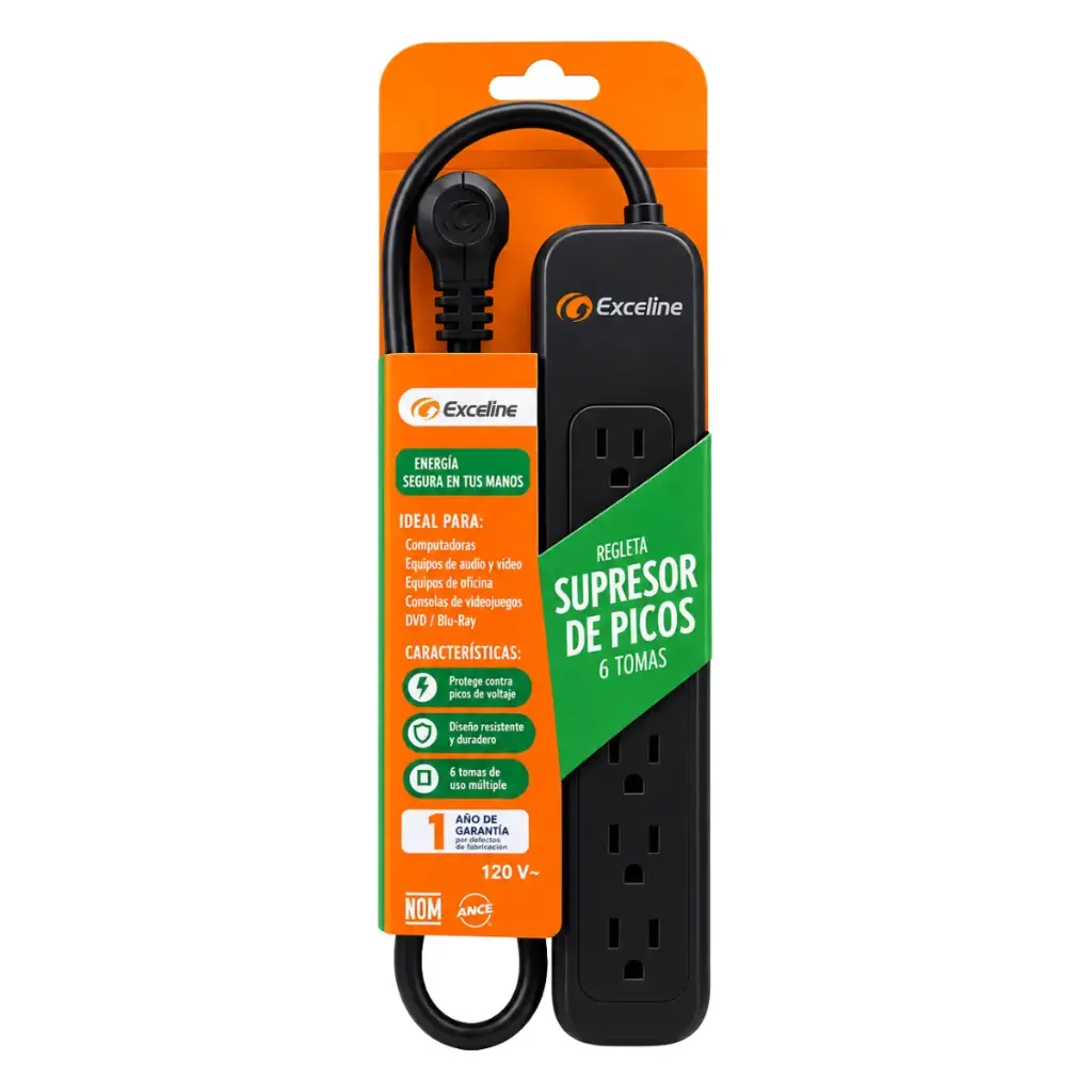 REGLETA CON SUPRESOR DE PICOS 6 TOMAS 10 A CON CABLE 0,8 MTS REF. GMT-6-120308 MARCA EXCELINE
