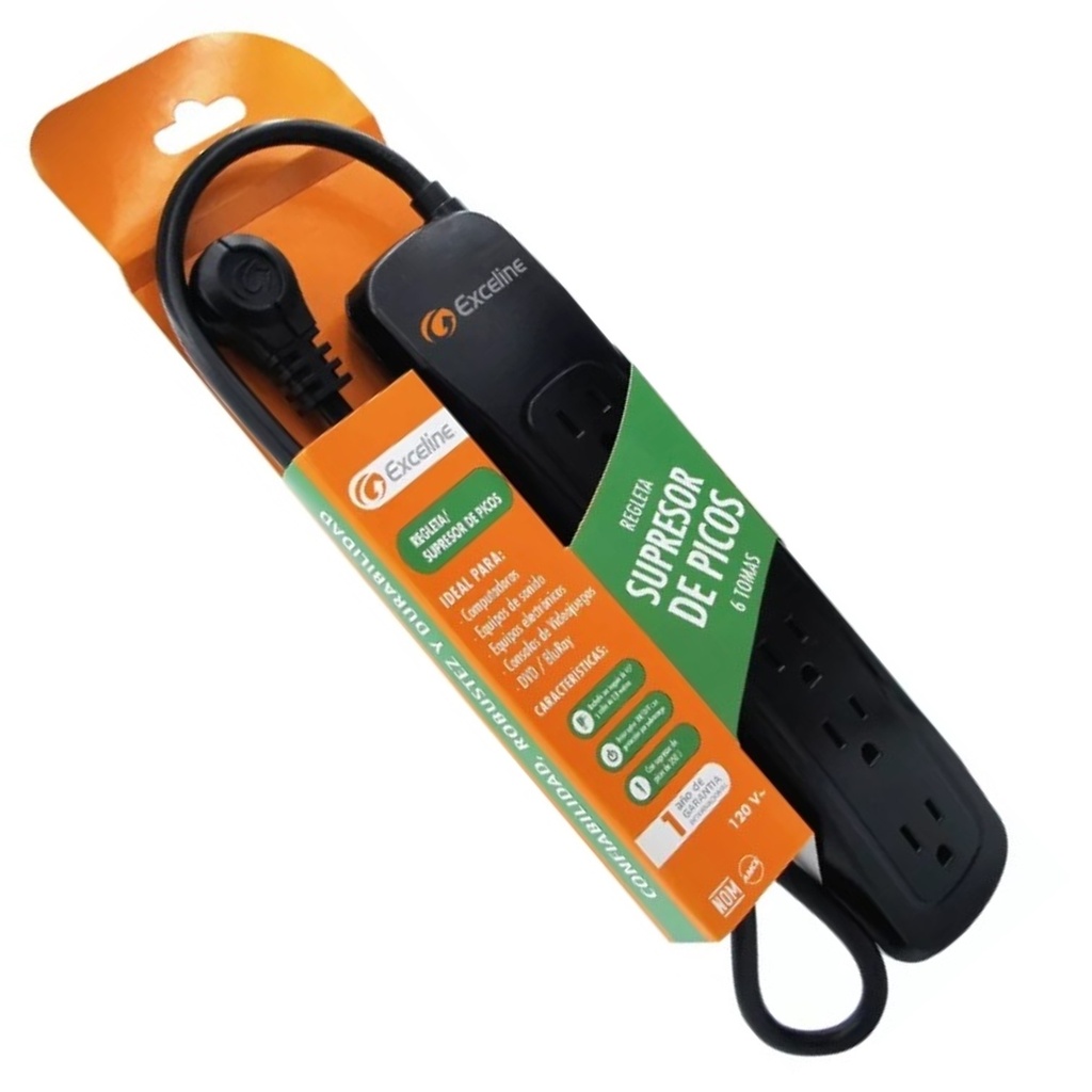 REGLETA CON SUPRESOR DE PICOS 6 TOMAS 10 A CON CABLE 0,8 MTS REF. GMT-6-120308 MARCA EXCELINE