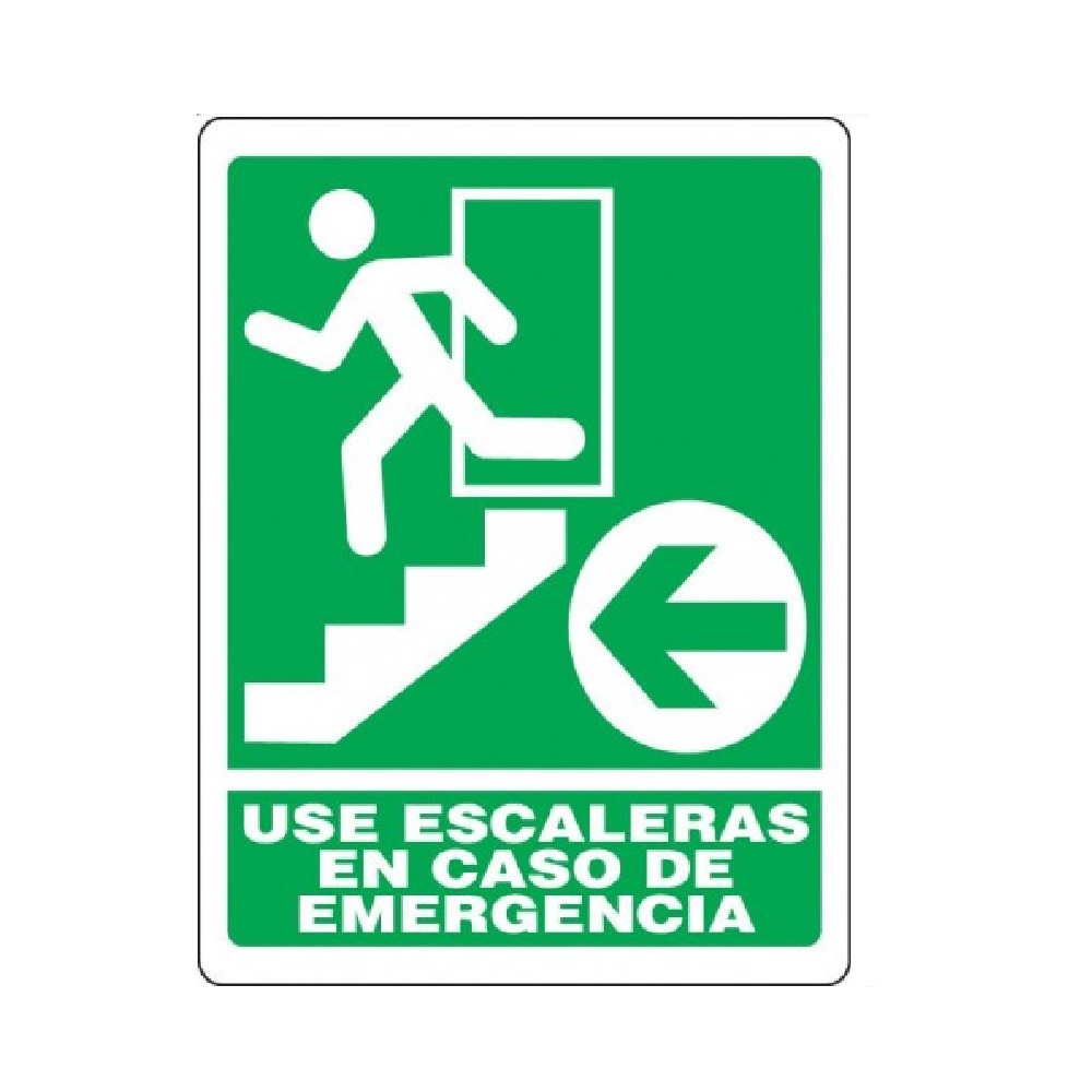 SEÑALES DE SEGURIDAD USE ESCALERAS EN CASO DE EMERGENCIA (IZQ) 19,5 x 25 CM REF. EM-04 MARCA SEVEN