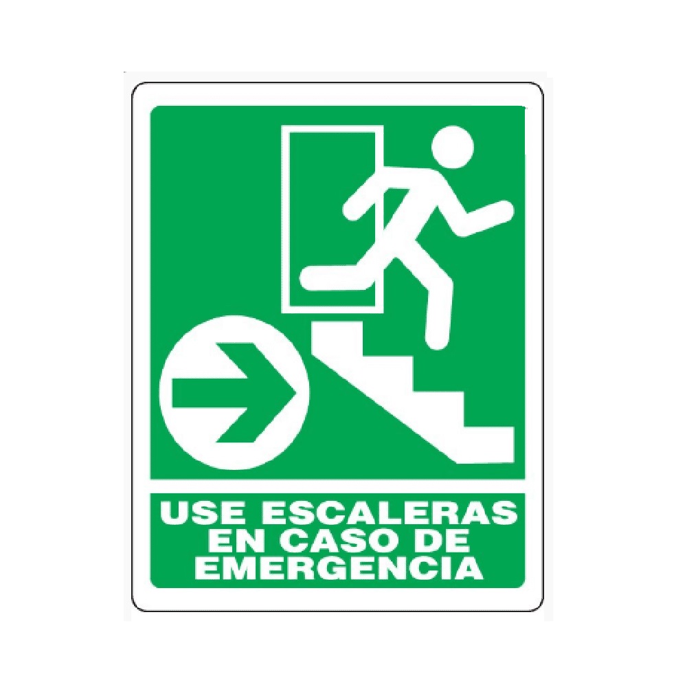 SEÑALES DE SEGURIDAD USE ESCALERAS EN CASO DE EMERGENCIA (DER) 19,5 x 25 CM REF. EM-05 MARCA SEVEN