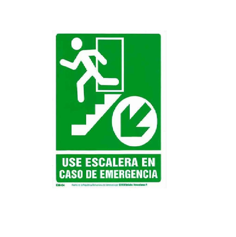 SEÑALES DE SEGURIDAD USE LAS ESCALERAS EN CASO DE EMERG.(IZQ.SUBE) 19,5 x 25 CM REF. EM-23 SEVEN