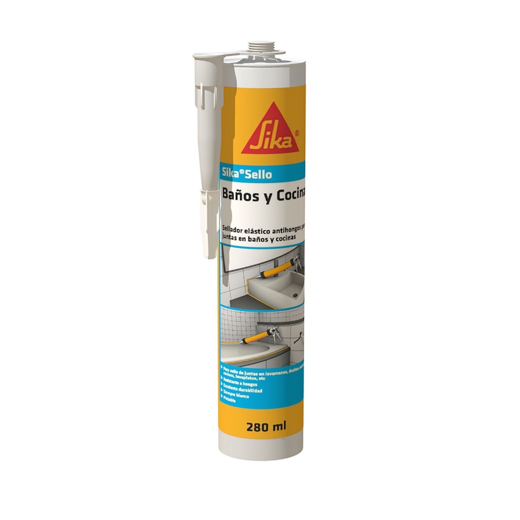 SIKA / SILICON SELLANTE FLEXIBLE BAÑOS-COCINA ANTIHONGO 280ML BLANCO REF. 258297 / 094561 MARCA SIKA