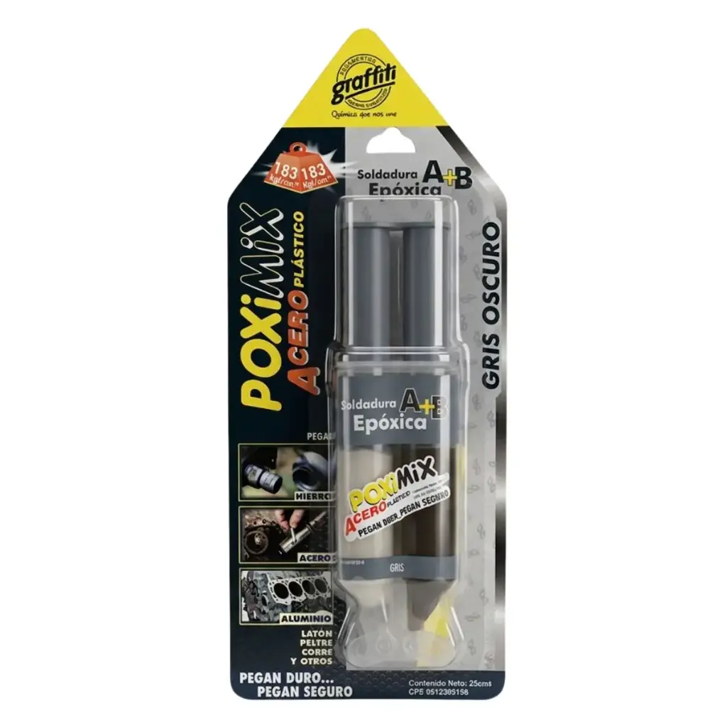 SOLDADURA / PEGA POXIMIX 5MIN JERINGA 25CM3 GRIS OSCURO ACERO PLASTICO REF. 000990 MARCA SILIPEX