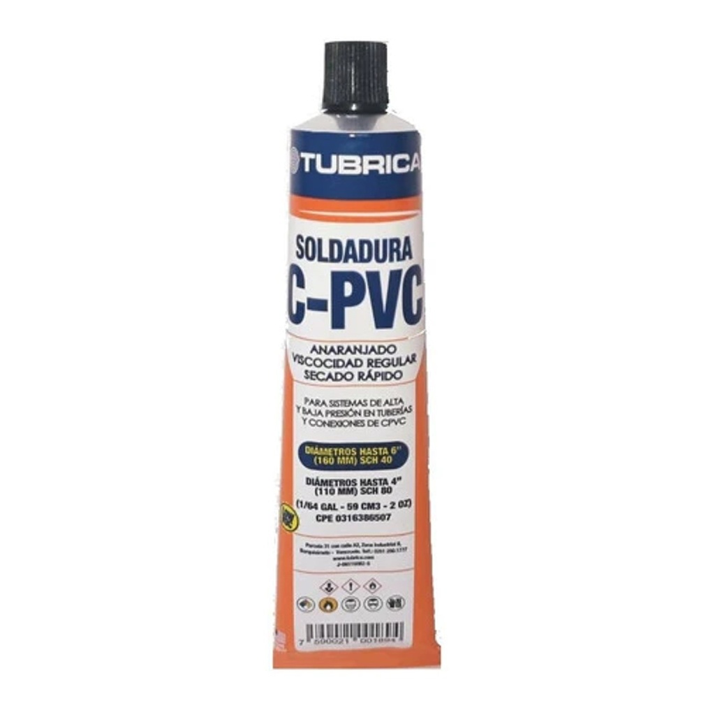 SOLDADURA CPVC - TUBO DE 59 CM3 1/64GL 2 OZ REF. 7590021001894 COD. 22-43-017 ( AGUA CALIENTE ) MARCA TUBRICA