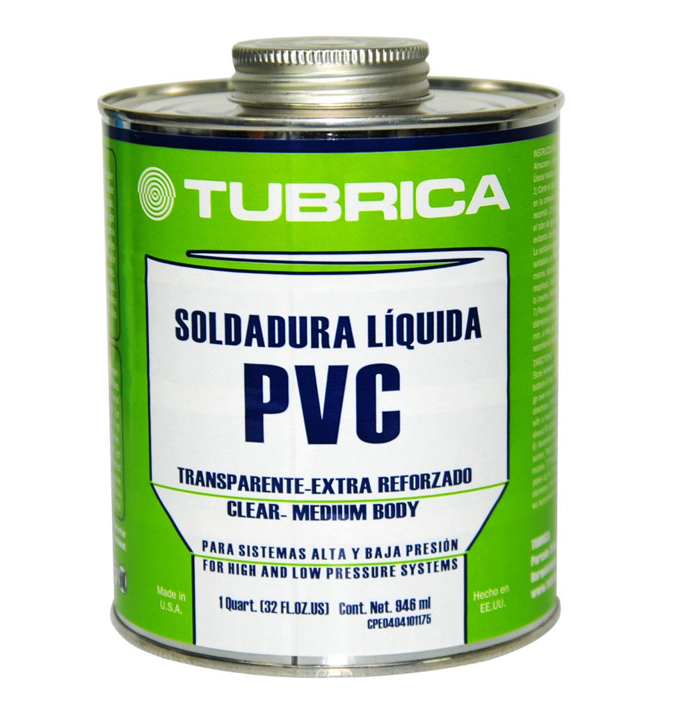 SOLDADURA P/ PVC TRANSP. MULTIPROPOSITO DE 1/4 DE GAL. COD.7590021010810 REF.22-43-026 MARCA TUBRICA