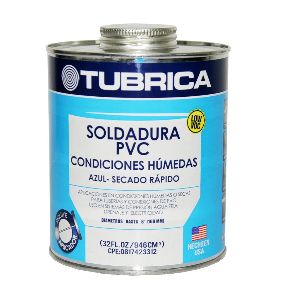 SOLDADURA PARA PVC CONDICIONES HUMEDAS 1/4 GAL / 950 ML AZUL-SECADO RAPIDO REF.7590021226396 COD. 22-43-025 TUBRICA